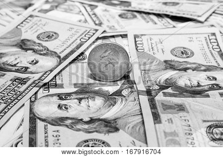 Quarter Dollar Coin And One  Hundred Dollar Banknotes Currency Of The United States. Toned Image