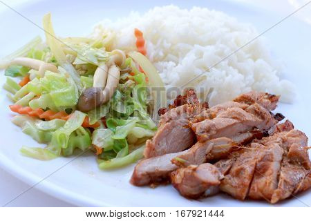 Stir Fried Vegetables And Grilled Chicken Breasts With Thai Jasmine Rice In White Dish Isolated On W