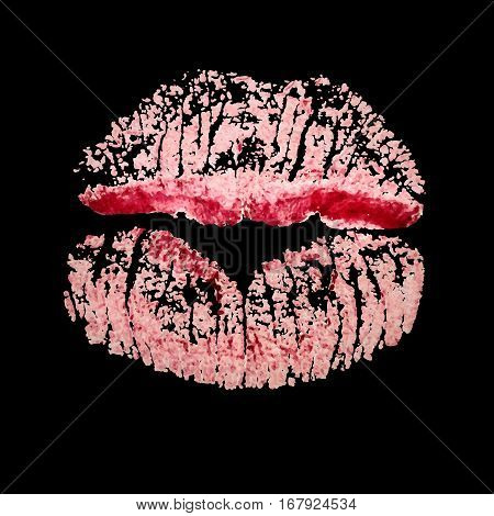 Lipstick realistic kiss imprint on black background.