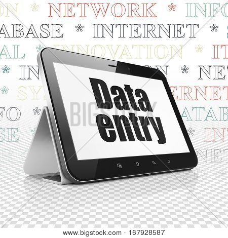 Information concept: Tablet Computer with  black text Data Entry on display,  Tag Cloud background, 3D rendering