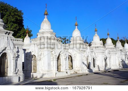 Stupas at Maha Lokamarazein Kuthodaw Pagoda, that contains world's largest book. Mandalay, Myanmar (Burma)
