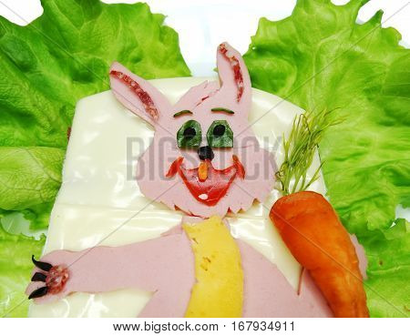 creative sandwich with cheese and salame hare shape