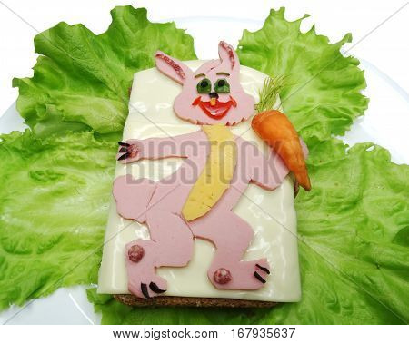 creative sandwich with cheese and salame hare shape