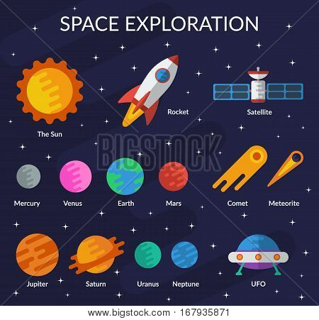 Space collection for you design. Planets, the sun, comet, meteorite, rocket, ufo, satellite Vector set in flat style