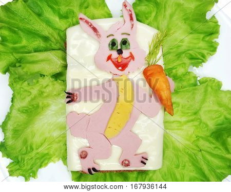 creative sandwich with cheese and salame hare shape