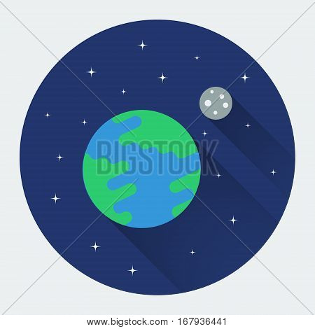Earth and Moon in space. Modern flat icon with long shadow. Colored vector illustration.