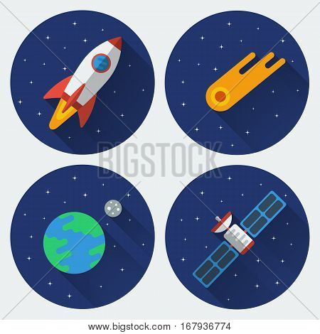 Space icons with long shadow. Rocket, comet, satellite, the Earth with the Moon. Colored illustrations. Vector set in flat style.