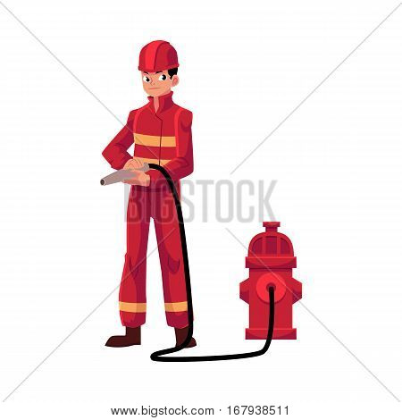 Firefighter, fireman in red protective suit holding fire hose at hydrant, cartoon vector illustration isolated on white background. Full length portrait of firefighter, fireman holding fire hose