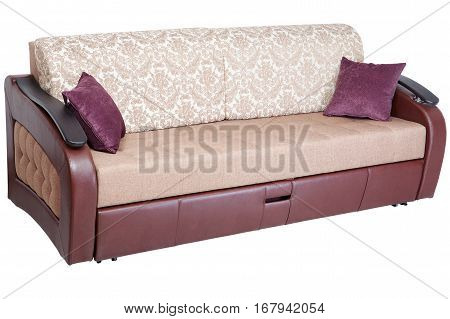 Sleeper convertible sofa bed couch with storage space isolated on white background saved path selection.