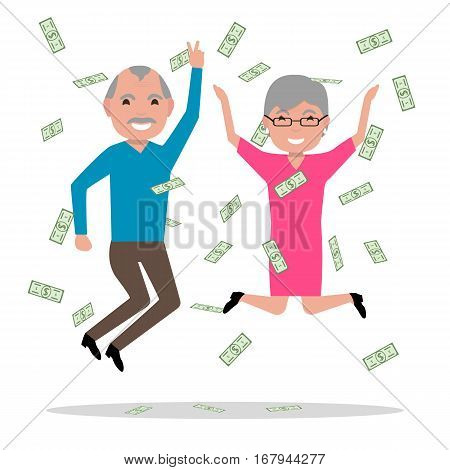 Vector illustration cartoon old people jumping with joy. Falling on top of money, richness. Isolated on white background. Grandparents won the big prize and became rich. Flat style.