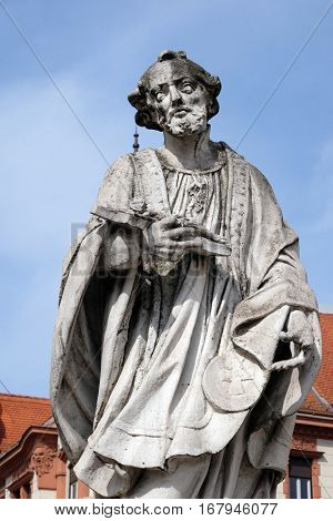MARIBOR, SLOVENIA - APRIL 03: Saint Francis Xavier statue, Plague column at Main Square of the city of Maribor in Slovenia, Europe. Historical religious sculpture, April 03, 2016.