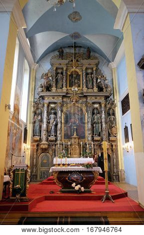 KRAPINA, CROATIA - APRIL 21: Main altar in the church of Saint Catherine of Alexandria in Krapina, Croatia on April 21, 2016.