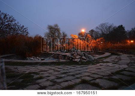 Anight walk in the park on a cold day