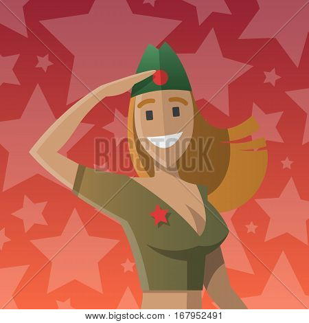 Military women salute. Army forse. Day of defenders of fatherland. Russian national holiday. Day of the mens. Text on russian, twenty three of february. Vector illustration cartoon style postcard.