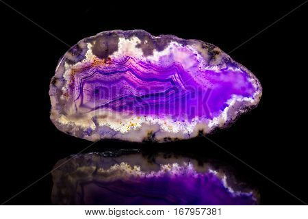 Purple Agate Slice, Black Background, Healing Stone And Mineral