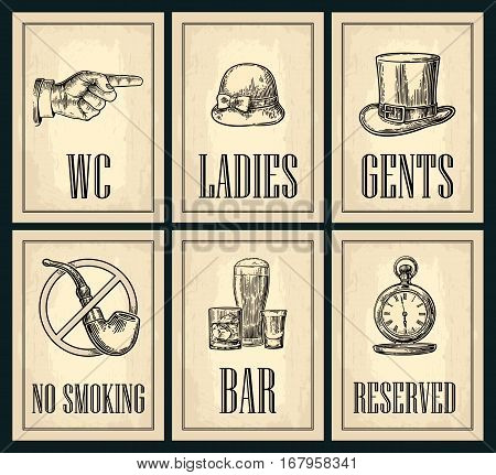 Set signboards. Pointing finger. Toilet retro vintage grunge poster for ladies  Vector vintage engraved illustration on a beige background. For bars restaurants cafes pubs.