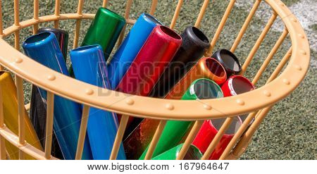Many Colorful School Baton Of Running Preparing In A Basket For Running Competition. Running Sport E