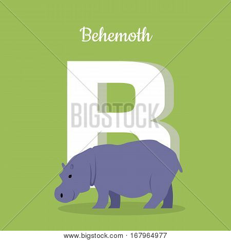 Animal alphabet. Letter - B. Blue behemoth stands near letter. Alphabet learning chart with animal illustration for letter and animal name. Vector zoo alphabet with cartoon animal on green background