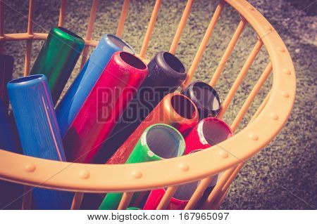 Many Colorful School Baton Of Running Preparing In A Basket For Running Competition. Running Sport E