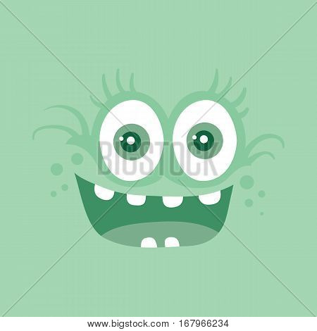 Funny smiling monster. Smile character. Happy germ with tooth. Monster with big eyes and mouth. Vector cartoon funny bacteria illustration in flat style design. Friendly virus. Microbe face