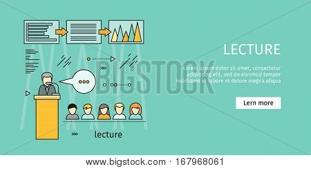 Business lecture banner. Business education, workshop, training skill, develop ability, staff training, people teamwork, personal development growth, training course concept. Vector line art