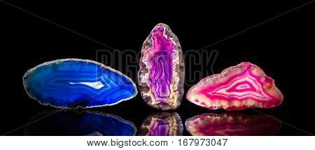 Three Agate Slice, Black Background, Healing Stone And Mineral, Panorama