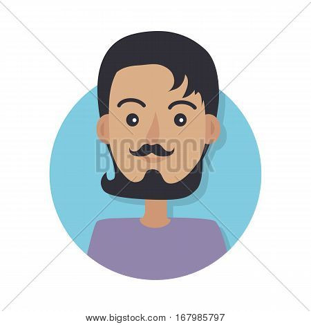 Avatar userpic icon. Young man without any headwear with dark hair wearing black mustache and dark beard. Violet sweater. Isolated male in blue circle on white in flat design. Vector illustration.