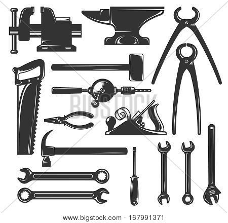 A set of silhouettes common workers hand tools - hammer wrench screwdriver and others. Vector illustration.