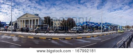 SIMFEROPOL CRIMEA UKRAINE - DEC 27 2016: Panoramic view to the passenger terminal of Simferopol international airport in Simferopol Ukraine on Dec 27 2016.