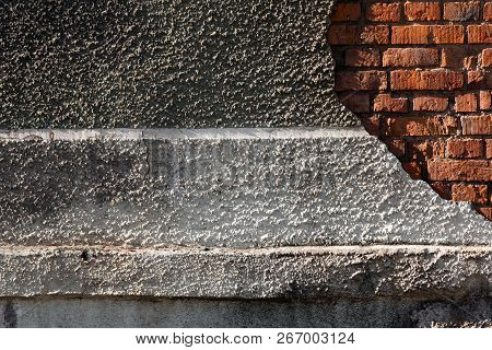 Destroyed Building, Red Brick, Gray Concrete. Concept Textural Background, Abandoned House, Factory
