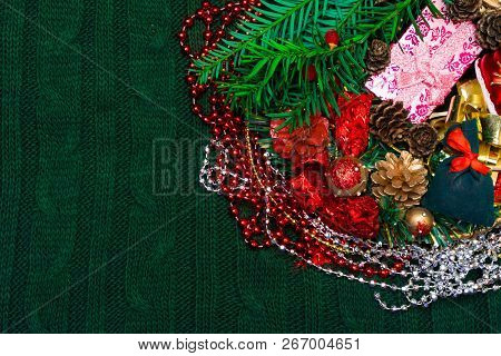Christmas, New Year Green Stylish Background And Frame With Pink Gifts Box And Green Gift Bag With R