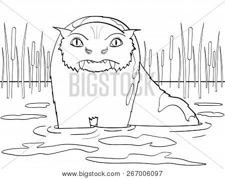 Children Coloring, Black Lines. Natural Landscape, Marsh. Bunyip, An Animal From The Mythology Of Th