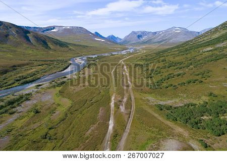 A View From The Heights Of The Valley Of The Bolshaya Hadata River On A Summer Day. Polar Ural, Russ