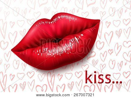 Beautiful Background With Female Red Lips, Sexy Lips, Kiss, Passion. Abstract Background With Hand D