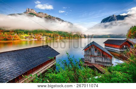 Misty And Sunny Morning On Altaussee Village. Sunny Autumn Scene In The Morning. Location: Resort Vi