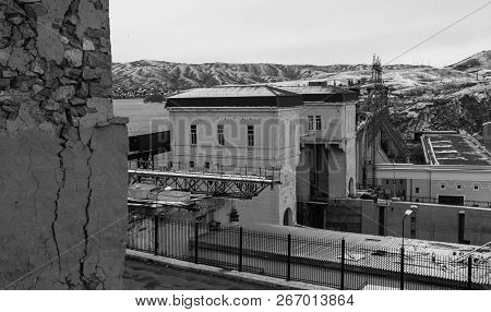 The Ust-kamenogorsk Hydroelectric Power Plant. Ancient Stone Building. Landscape. Old Architecture. 