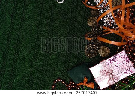 Christmas Present Background With Green Branch, Pink Gift Box, Red Ribbon
