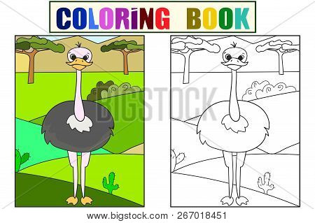 Children Picture Cartoon Animal Safari. The Common Ostrich Is Walking In The Clearing. Raster Colori