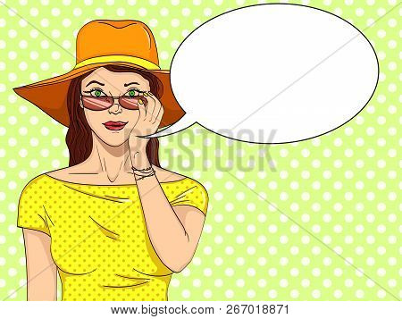Woman Looks Through Sunglasses Pop Art Retro Raster. Comic Book Style Imitation. Text Bubble.