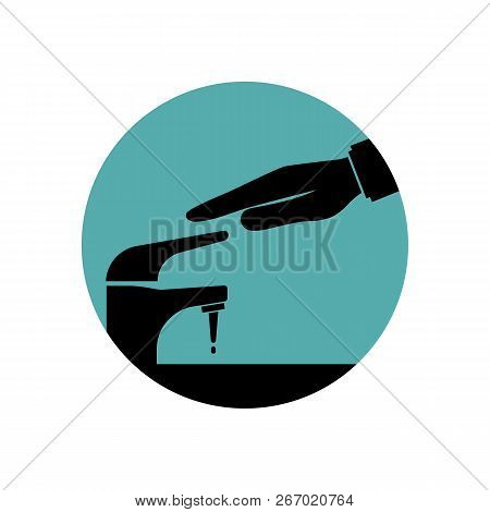 Save Water Black Icon. Man Closes Hand Faucet. Shut Off The Water. Vector Illustration Flat Design. 