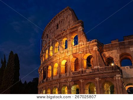 Rome Colloseum At Night Architecture In Rome Italy City Center. Rome Ethernal City Architectural Det