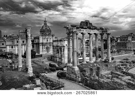 Roman Forum Architecture In Rome Italy City Center. Rome Ethernal City Black And White.