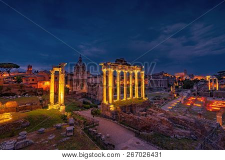 Roman Forum At Sunset Architecture In Rome Italy City Center. Rome Ethernal City Architectural Detai