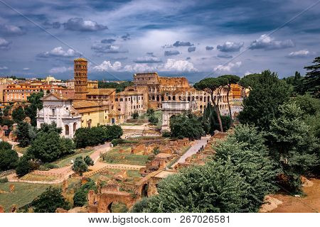 Rome Colosseum From Roman Forum In Italy City Center. Rome Ethernal City Architectural Details.