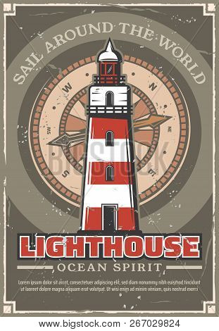 Marine Lighthouse Vintage Poster With Striped Tower With Signal On Top For Ships. Beacon And Compass