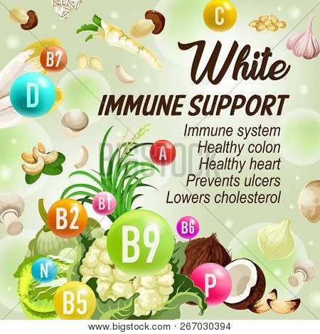White Day Of Color Diet Immune Support. Vector Vegetable And Nut, Vitamins B, C And D With Minerals 