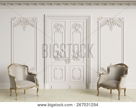 Classic Baroque Armchais In Classic Interior. Walls Wth Moldings And Decorated Cornice.marble Floor.