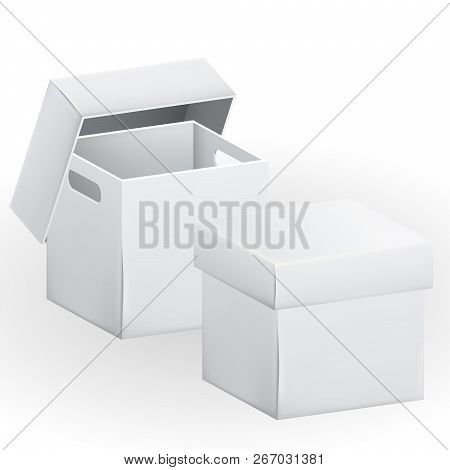 Empty White Cardboard Box Packaging Container. Tare For Transportation, Storage And Keeping. Vector 