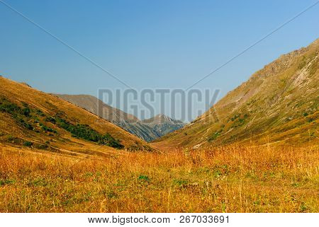 Beautiful Autumn Mountain Pass In The Mountains Of The Caucasus