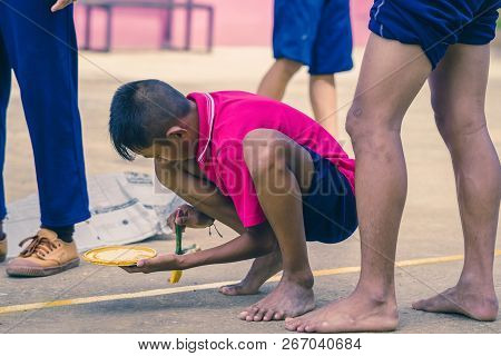 Kanchanaburi Thailand - September 20 :  Unidentified Students Help To Build A Sepak Takraw Field Bor